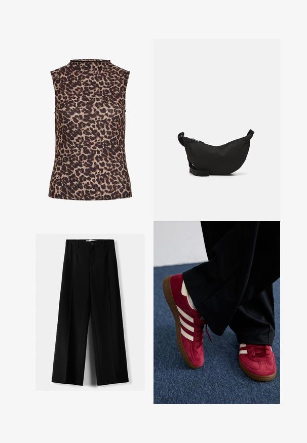 Vaaleansininen lyhyt neuletakki pehmeästä kankaasta, jossa on pyöreä kaula-aukko, napitus ja palloselkäiset hihat, joissa on ribbikuvioidut hihansuut.; Hihaton leopardikuosiset toppi, jossa on korkea kaula-aukko. Valmistettu sileästä, joustavasta kankaasta ruskean ja beigen värimaailmassa.; Mustat leveälahkeiset housut, jotka on valmistettu kevyestä kankaasta. Housuissa on etunappikiinnitys ja tasainen etuosa, sekä huolellisesti ommellut helmat.; Punainen mokkanahkainen lenkkari, jossa on valkoiset raidat, nauhavalikoima ja teksturoitu ruskea kumipohja. Yhdistetty mustiin housuihin, sinisen maton taustalla.; Musta kangaskassi, jossa on kaareva muoto, vetoketjukiinnitys, säädettävä olkahihna ja pieni sivutasku lisäsäilytykseen.