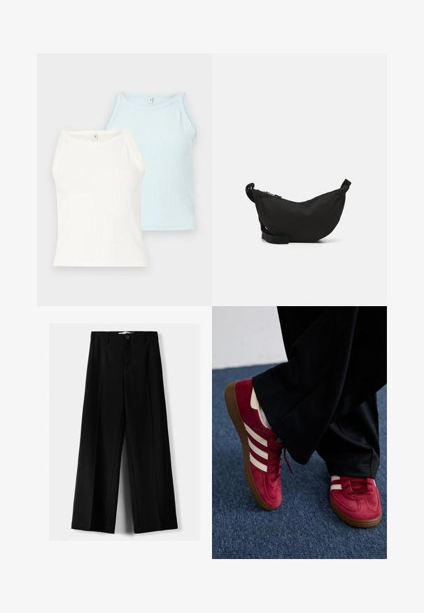 Svetlo modra skrajšana jopica iz mehkega pletenega materiala z zaobljenim izrezom, zapiranjem na gumb in balonskimi rokavi z rebrastimi manšetami.; Dve rebraste majice brez rokavov v beli in svetlo modri barvi. Majice imajo okroglo ovratnico in široke naramnice, izdelane so iz mehke tkanine.; Črne široke hlače iz lahkega materiala, z zapiranjem na gumb spredaj in ravnim sprednjim delom, s skrbno zašiti robovi.; Rdeče semiš superge z belimi črtami, zavezovanje in strukturiran rjav gumijast podplat. Nosi se z črnimi hlačami, na modrem preprogi.; Črna tkaninska torba čez ramo s kružno obliko, z zadrgo, nastavljivim trakom in majhnim stranskim žepom za dodatno shranjevanje.