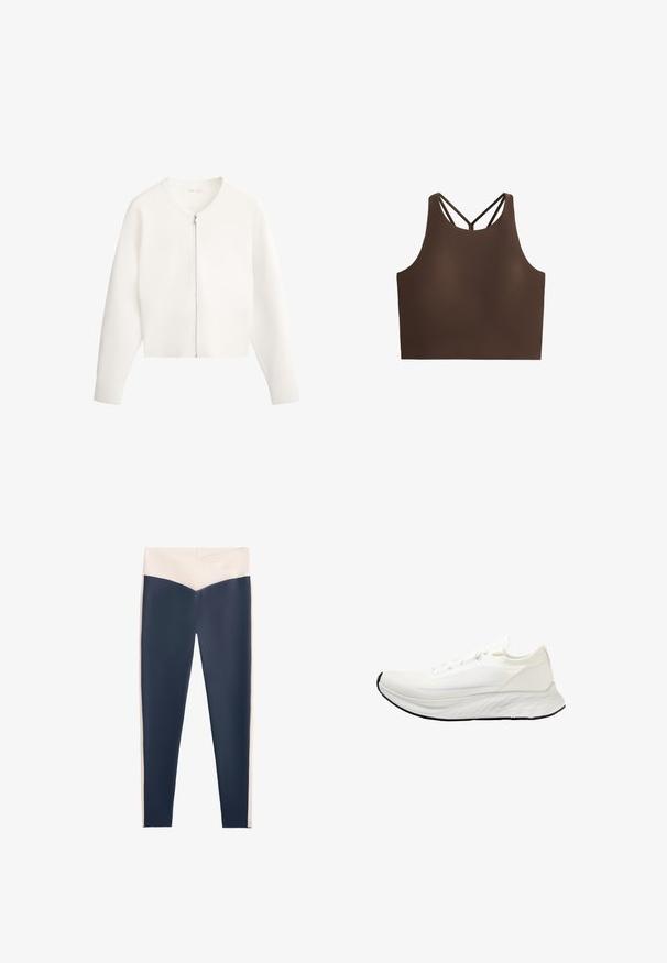 Bel bela pulover s kratkimi rokavi in okroglo ovratnikom, z dolgimi rokavi in polnim zadrgo na sprednji strani. Tkanina se zdi mehka z gladko teksturo.; Rjav športni crop top z gladko teksturo, z visokim ovratnikom in križnimi naramnicami na hrbtu za dodatno oporo.; Visoko pasne legice z mornarsko modrim telesom in belimi stranskimi paneli. Narejene so iz raztegljive tkanine z gladko teksturo, primerne za aktivno nošnjo.; Bela tekaška obuvala z mrežasto zgornjim delom, lahko zasnovo, gladkim zaobljenim podplatom in črnim gumijastim podplatom. Ima ravne vezalke in minimalne okraske.
