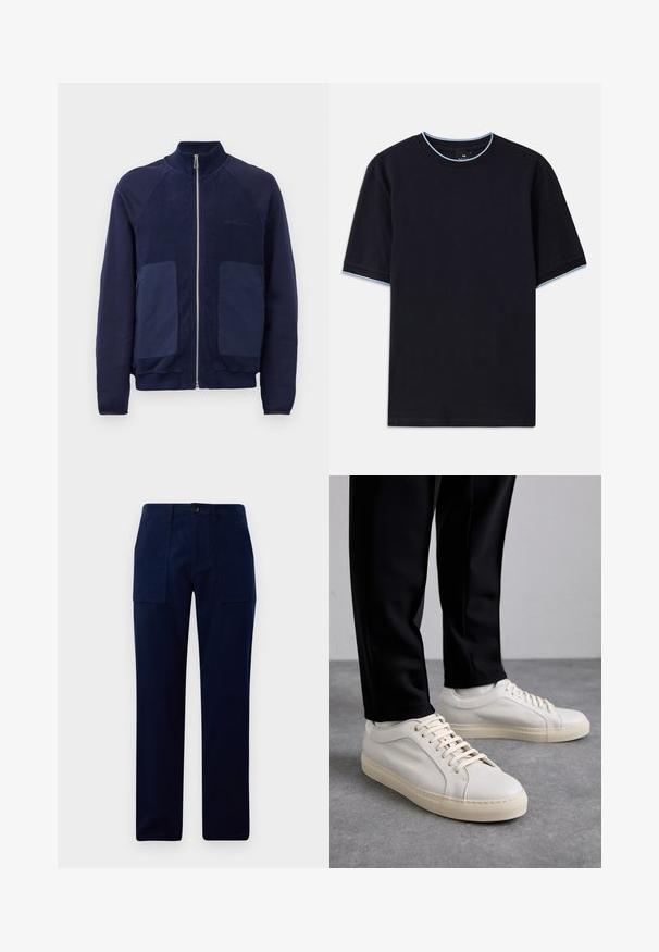 Tamno plava jakna na zip koja se sastoji od kombinacije glatkog i teksturiranog materijala, s dva prednja džepa i visokim ovratnikom.; Tamno plava kratka majica s kapućinom, s okruglim izrezom, s svijetloplavim detaljima na ovratniku i rukavima. Izrađena od mekog pamučnog materijala.; Tamno plave ravne hlače s velikim prednjim zakrnatim džepovima i kopčanjem na dugme u struku.; Svijetlosmeđi kožni tenisice s ravnim vezicama, teksturiranom površinom i kontrastnom kremasto bijelom gumom potplatom, uparene s crnim suženim hlačama.