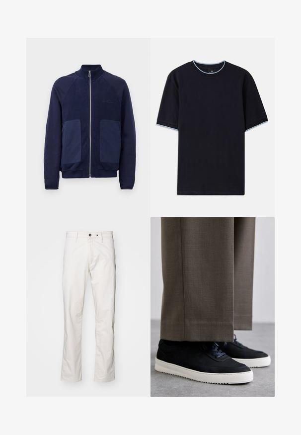 Tummansininen vetoketjullinen takki, jossa on yhdistetty sileää ja teksturoitua kangasta, kaksi etutaskua ja pystysuora kaulus.; T-paita tummansinisestä lyhythihaisesta kankaasta pyöreällä kaula-aukolla, jossa vaaleansininen yksityiskohta kauluksessa ja hihoissa. Valmistettu pehmeästä puuvillakankaasta.; Valkoiset puuvillahousut suoran lahkeen leikkuulla, joissa on kaksi etutaskua ja kaksi takataskua, nappikiinnitys ja minimaalinen ompelu.; Mustat mokkakengät valkoisilla kumipohjilla, joissa on pyöreä kärki ja nauhat, käytetään harmaiden räätälöityjen housujen kanssa.