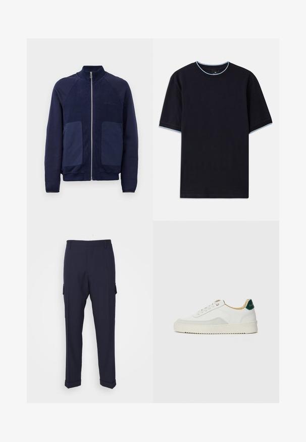 Mornarji modra jakna na zadrgo, ki se ponaša z mešanico gladkega in teksturiranega materiala, dvema sprednjima žepoma in stojnim ovratnikom.; Temno modra kratka majica s kratkimi rokavi in okroglim izrezom, s svetlo modrimi poudarki na ovratniku in rokavih. Narejena iz mehke bombažne tkanine.; Temno modri cargo hlače iz gladkega materiala, z bočnimi žepi, ravnim krojem in zavihanimi hlačnicami pri gležnjih.; Bela trenerka z zaključki iz semiša, okroglo konico, ravne vezalke in kremna gumijasta podplata. Ima zeleno blagovno znamko na peti.