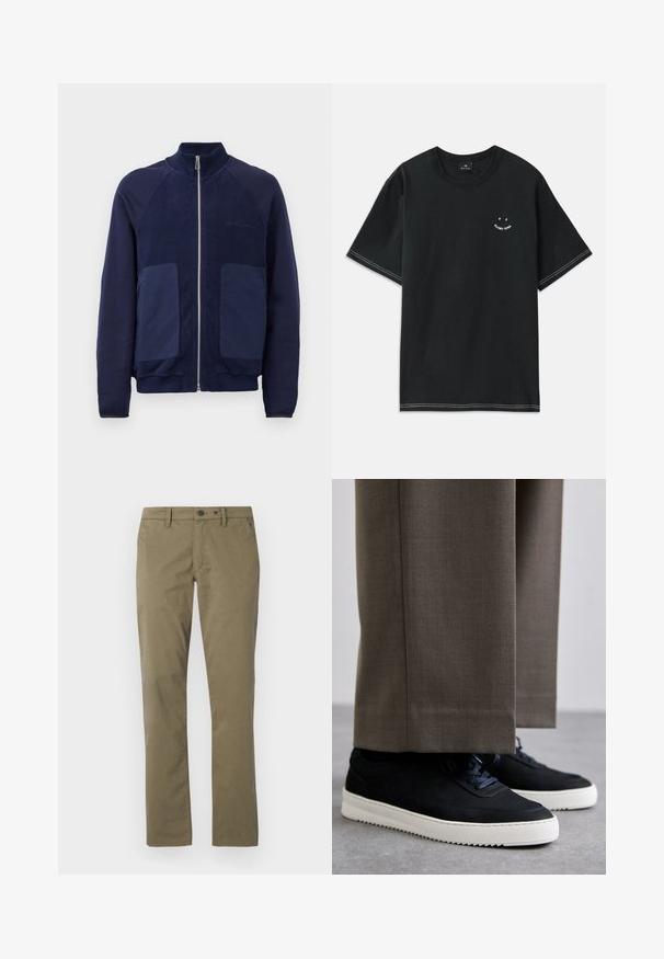Marineblå jakke med glidelås i en kombinasjon av glatt og teksturert stoff, to frontlommer og stående krage.; Svart bomull T-skjorte med korte ermer, rund hals og hvite sømdetaljer. Inkluderer et lite grafisk motiv på brystet.; Khaki bukser laget av bomull, med rette ben, to frontlommer og knapp- og glidelås-lukking.; Svarte suedeglans sneakers med hvite gummisåler, med rund tå og lisser, iført grå skreddersydde bukser.