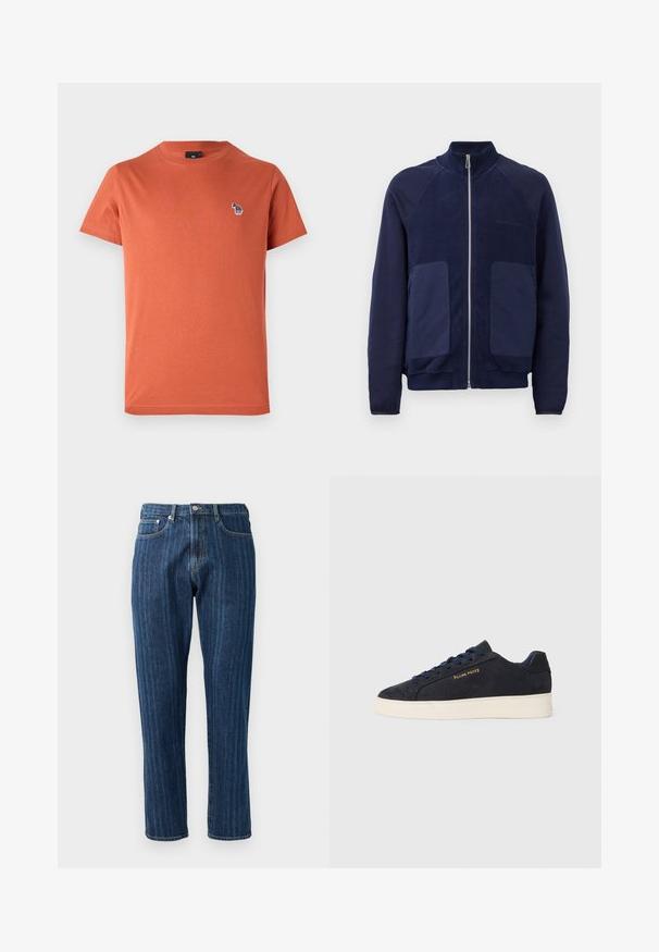 Mornarji modra jakna na zadrgo, ki se ponaša z mešanico gladkega in teksturiranega materiala, dvema sprednjima žepoma in stojnim ovratnikom.; Orange bombažna majica s kratkimi rokavi, okroglim izrezom in majhnim, večbarvnim vezenim vzorcem na levem prsnem delu.; Temno modri džins hlače s ravnimi nogami, vidno šivanje, pet žepni dizajn in gumb za zapiranje na pasu.; Mornarsko modre semiš nizke superge z belim podplatom, mornarskimi vezalkami in z zlatim logotipom "Filling Pieces" na strani.