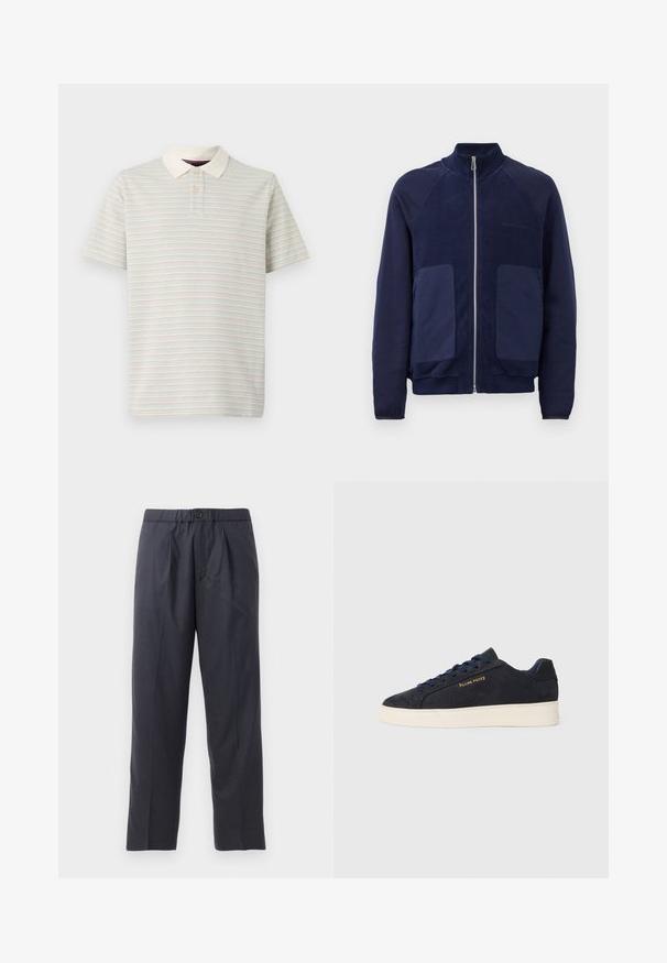 Námořnická modrá zipová bunda s kombinací hladké a texturované látky, dvěma předními kapsami a stojatým límcem.; Pruhovaná polo košile ve světlé béžové barvě s pastelovými vodorovnými pruhy. Obsahuje solidní bílý límec a rozepínání na dva knoflíky. Krátké rukávy.; Tmavě modré kalhoty vyrobené z měkké látky s designem s sklady vpředu a elastickým pasem. Obsahují zapínání na knoflík a rovný střih nohou.; Námornická modrá semišová nízká obuv s bílou podrážkou, námořnickými tkaničkami a zlatým logem "Filling Pieces" na boku.