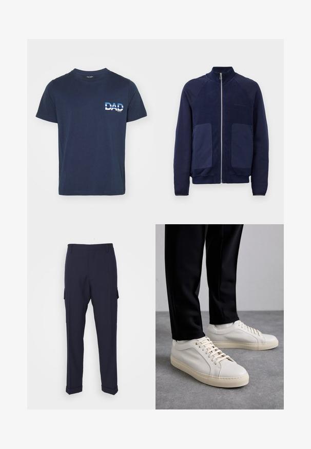 Tamsiai mėlynas užtrauktukas striukė su sklandžiu ir tekstūruotu audiniu, dviem priekinėmis kišenėmis ir stovinčia apykakle.; Tamsiai mėlynas medvilninis marškinėliai trumpomis rankovėmis. Kairėje pusėje yra balta grafika su tekstu "TĖVAS" rausvu šriftu. Paprastas ir kasdieniškas dizainas.; Tamsiai mėlynos krovinių kelnės, pagamintos iš sklandaus audinio, su šoninėmis kišenėmis, tiesiu pjūviu ir sulenktais kulkšnų kraštais.; Šviesūs smėlio spalvos odiniai sportbačiai su plokščiomis raišteliais, tekstūruotu paviršiumi ir kontrastinga kreminės spalvos gumine padu, derinami su juodomis siaurėjančiomis kelnėmis.