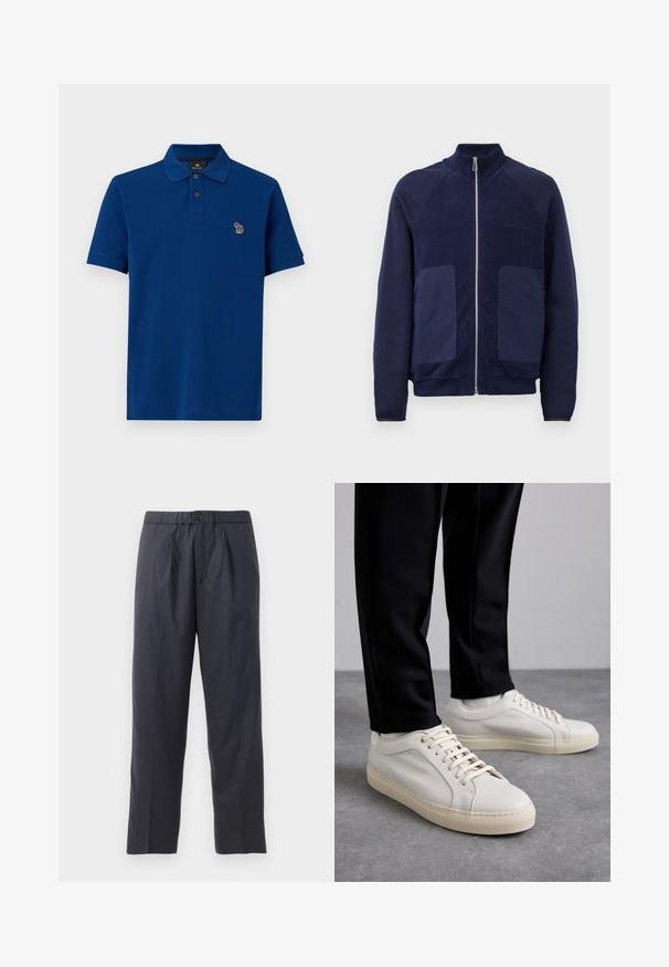 Tamno plava jakna na zip koja se sastoji od kombinacije glatkog i teksturiranog materijala, s dva prednja džepa i visokim ovratnikom.; Plava pamukasta polo majica s kratkim rukavima, dva smeđa gumba na ovratniku i mali višebojnim izvezeni logo na prsima.; Tamno plave hlače od mekanog materijala s plićim prednjim dijelom i elastičnim pojasom. Imaju zatvaranje na gumb i ravno krojenje.; Svijetlosmeđi kožni tenisice s ravnim vezicama, teksturiranom površinom i kontrastnom kremasto bijelom gumom potplatom, uparene s crnim suženim hlačama.
