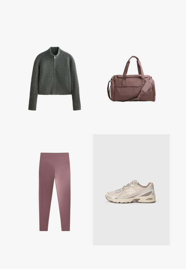 Grey ribbed knit sweater with a high collar and full zipper, featuring long sleeves and a cropped length. Textured fabric adds depth.; Ribbed, wrap-style top in dusty mauve, with long sleeves and a tie at the waist, paired with high-waisted, matching leggings.; High-waisted, form-fitting leggings in a muted mauve color, made from a smooth, stretchy fabric. Seamless design with no visible hardware.; Beige athletic shoe with a mesh upper, textured accents, and a rubber sole. Features a prominent "N" logo and contrasting cream details.; Brown fabric duffle bag with dual handles and detachable shoulder strap. Features a zippered main compartment and front pocket. Textured surface.