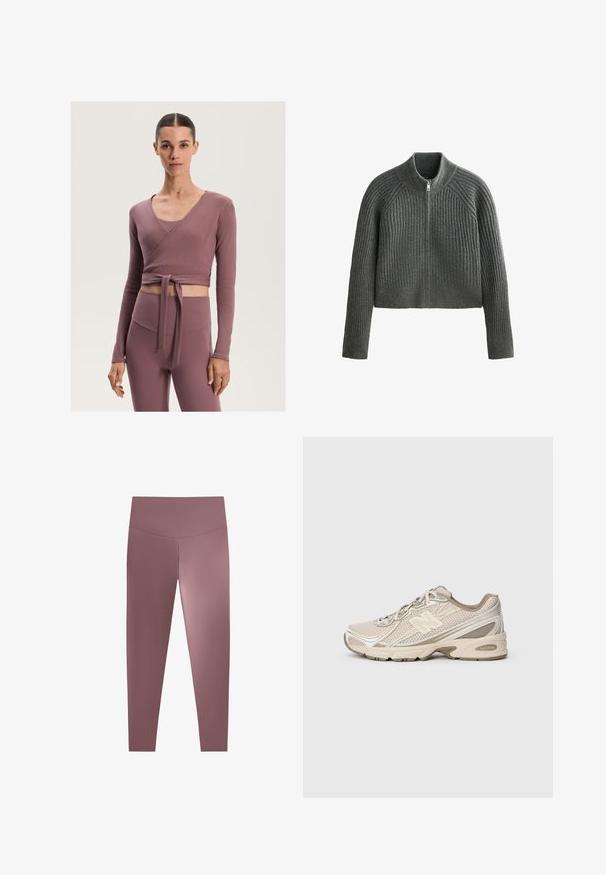 Grey ribbed knit sweater with a high collar and full zipper, featuring long sleeves and a cropped length. Textured fabric adds depth.; Ribbed, wrap-style top in dusty mauve, with long sleeves and a tie at the waist, paired with high-waisted, matching leggings.; High-waisted, form-fitting leggings in a muted mauve color, made from a smooth, stretchy fabric. Seamless design with no visible hardware.; Beige athletic shoe with a mesh upper, textured accents, and a rubber sole. Features a prominent "N" logo and contrasting cream details.