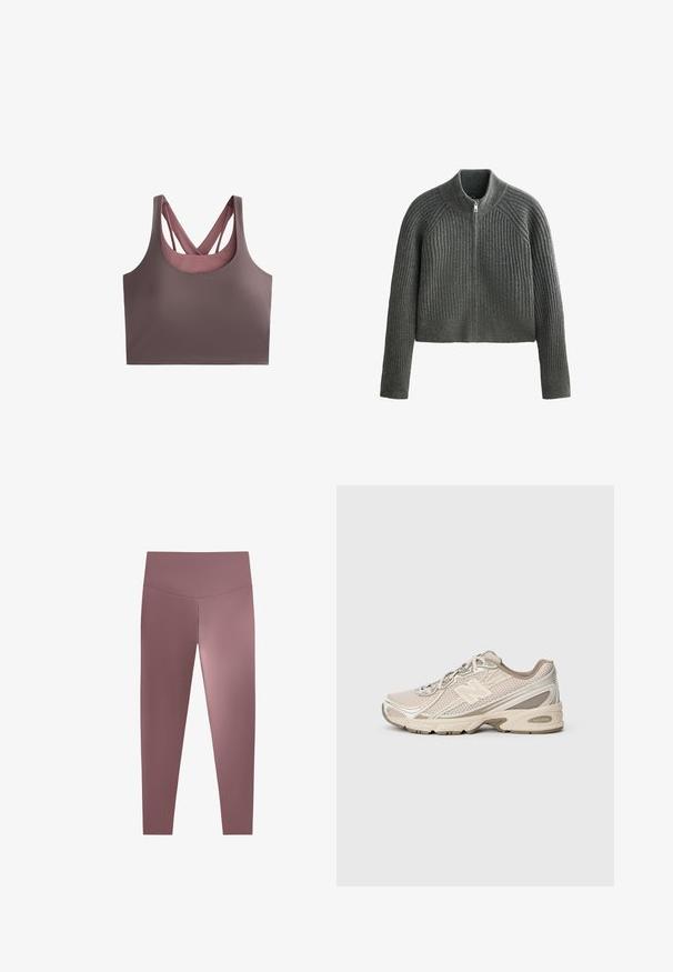 Harmaa ribbineulepusero korkealla kauluksella ja täysihitaisella vetoketjulla, jossa on pitkät hihat ja lyhyt pituus. Rakenteellinen kangas lisää syvyyttä.; Rintoppi mauve-sävyssä, jossa on urheilullinen selkäosa ristisiteillä. Valmistettu sileästä, joustavasta kankaasta. Minimalistinen muoto ja saumatonta viimeistelyä.; Korkeavyötäröiset, vartalonmyötäiset legginsit hillityssä mauven värissä, valmistettu sileästä, venyvästä kankaasta. Saumattoman muotoilun ansiosta ei näkyviä kiinnikkeitä.; Valkoinen urheilu- ja liikuntakenkä, jossa on verkkopinta, tekstuuripinnat ja kumipohja. Varustettu näkyvällä "N"-logolla ja kontrastivärisillä kreemivivahteilla.
