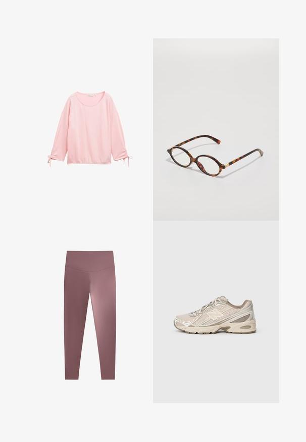 Maglione grigio a costine con colletto alto e zip completa, dotato di maniche lunghe e lunghezza cropped. Il tessuto strutturato aggiunge profondità.; Top rosa a maniche lunghe con design a coste testurizzato. Presenta un collo rotondo e dettagli arricciati sui polsini con lacci.; Leggings a vita alta e aderenti in un colore mauve tenue, realizzati in un tessuto morbido e elastico. Design senza cuciture e senza hardware visibile.; Scarpa da ginnastica beige con tomaia in rete, accenti testurizzati e suola in gomma. Presenta un grande logo "N" e dettagli a contrasto in crema.; Occhiali da vista in tartaruga con montatura ovale, lenti trasparenti e dettagli dorati. Presentano tempie curve e una finitura liscia e lucida.; Borsa a tracolla di stoffa marrone con manici doppi e tracolla staccabile. Presenta un compartimento principale con zip e una tasca frontale. Superficie texturizzata.