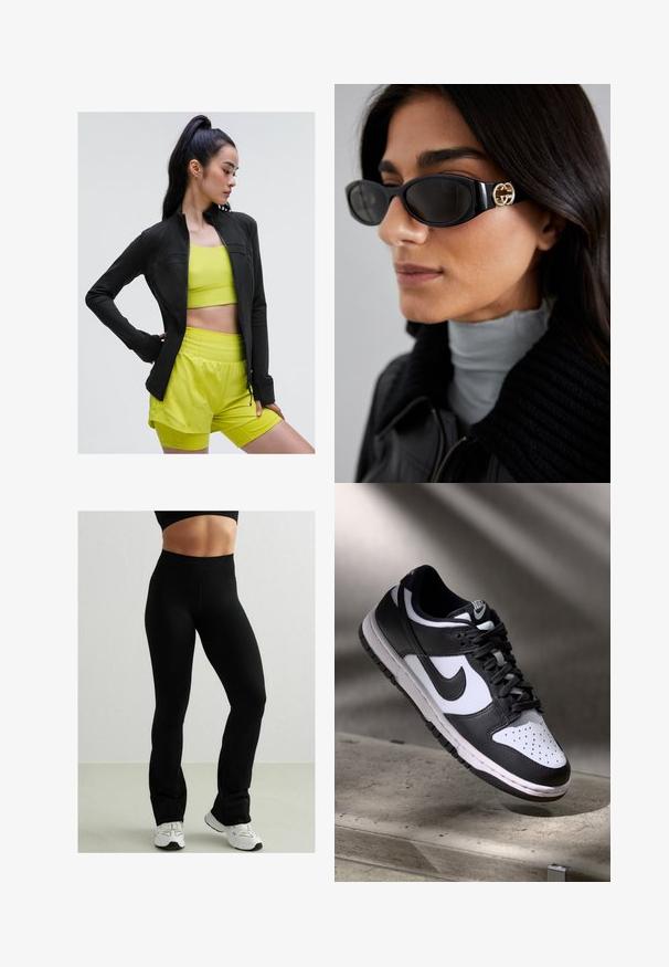 Veste de sport zippée noire au design ajusté, portée par-dessus un crop top jaune vif et un short assorti, le tout en tissu lisse et extensible.; Débardeur en coton blanc avec un décolleté arrondi, sans manches et ajusté. Texture lisse, design uni et détails de couture minimaux.; Leggings noirs ajustés avec une taille haute, fabriqués en matériau extensible. Ils ont une texture lisse et un design à chevilles évasées. Associés à des baskets blanches.; Sneaker Nike Dunk Low en noir et blanc avec tige en cuir, boîte à orteils perforée et lacets noirs, dotée d'une semelle blanche et d'accents de logo.; Lunettes de soleil noires avec une monture rectangulaire élégante et un accent logo doré sur le côté. Les verres sombres et la finition brillante sont proéminents.