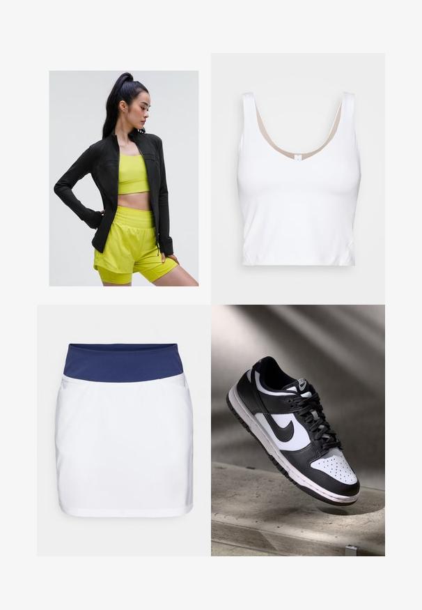Fekete zipzáras sportdzseki, amely illeszkedő fazonú, élénk sárga cropped top és hozzáillő sort felett viselve, mind sima, rugalmas anyagból készült.; Fehér rövid fazonú top, kerek nyakkivágással és széles vállpántokkal. Sima, rugalmas anyagból készült, bézs béléssel a nyakkivágásnál.; Fehér szoknya tengerészkék elasztikus derékkal, sima textúrával és minimalista dizájnnal. Oldalsó zsebekkel ellátva.; Fekete-fehér Nike Dunk Low sneaker, bőr felsőrésszel, perforált orral és fekete fűzőkkel, fehér talppal és logó kiegészítőkkel.