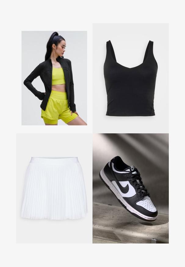 Chaqueta deportiva negra con cierre y diseño ajustado, llevada sobre un top corto amarillo brillante y pantalones cortos a juego, todo hecho de tela suave y elástica.; Top corto negro sin mangas con un escote en V profundo, hecho de una tela suave y elástica. Presenta un dobladillo limpio y sin patrones ni acentos visibles.; Falda blanca plisada con una cinturilla suave. Elaborada en tejido ligero, presenta un patrón de pliegues uniforme en toda su extensión.; Zapatilla Nike Dunk Low en blanco y negro con parte superior de cuero, caja de dedos perforada y cordones negros, que cuenta con una suela blanca y acentos de logo.