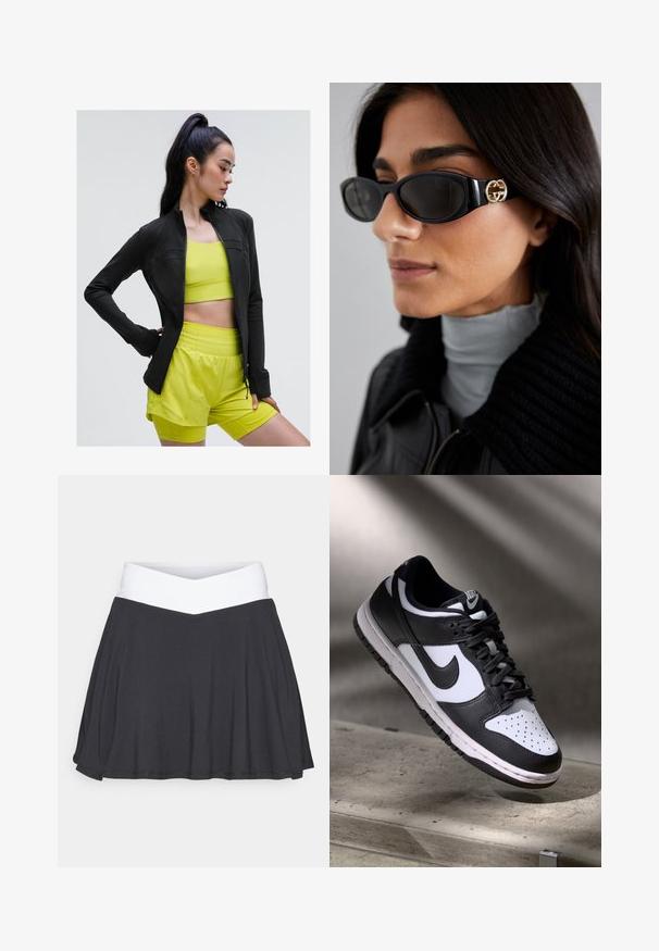 Musta vetoketjullinen urheilu takki tiiviillä muotoilulla, käytetty kirkkaan keltaisen lyhyen topin ja vastaavien shortsien päällä, kaikki valmistettu sileästä, joustavasta kankaasta.; Musta hihaton crop-top syvällä V-kaula-aukolla, valmistettu sileästä ja joustavasta kankaasta. Siinä on siisti helma eikä näkyviä kuvioita tai koristeita.; Musta skort, jossa on valkoinen ristiin menevä vyötärö. Valmistettu pehmeästä ja joustavasta kankaasta, jossa on liehuva muotoilu ja sileä pinta.; Musta-valkoinen Nike Dunk Low -lenkkari, jossa on nahkainen yläosa, rei'itetty varvasosa ja mustat nauhat. Kenkässä on valkoinen pohja ja logovärityksiä.; Mustat aurinkolasit, joissa on tyylikäs suorakulmainen kehys ja kultainen logo-akkentti sivussa. Tumma linssit ja kiiltävä pinta ovat huomattavissa.