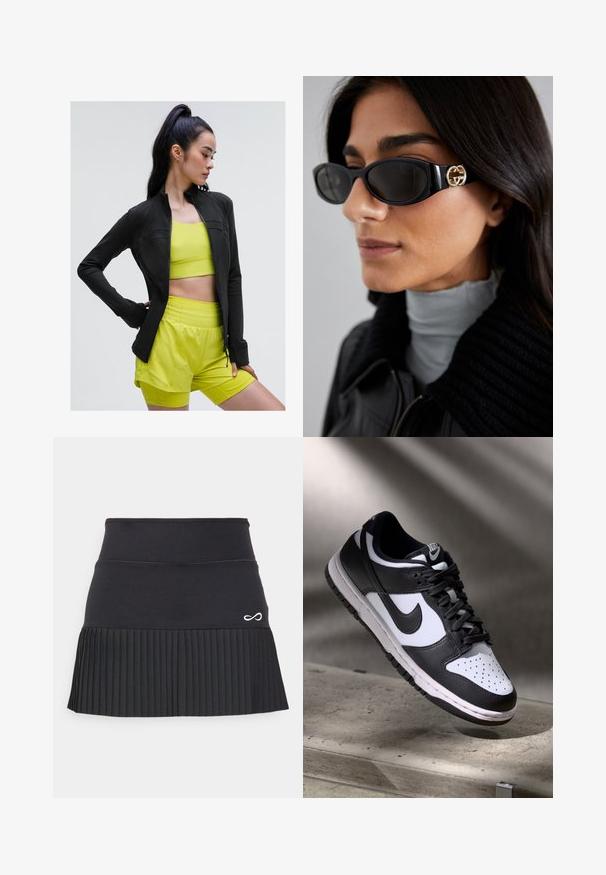 Chaqueta deportiva negra con cierre y diseño ajustado, llevada sobre un top corto amarillo brillante y pantalones cortos a juego, todo hecho de tela suave y elástica.; Top corto negro sin mangas con un escote en V profundo, hecho de una tela suave y elástica. Presenta un dobladillo limpio y sin patrones ni acentos visibles.; Endless FALDA RIPLEY - Falda de deporte - black; Zapatilla Nike Dunk Low en blanco y negro con parte superior de cuero, caja de dedos perforada y cordones negros, que cuenta con una suela blanca y acentos de logo.; Gafas de sol negras con un elegante marco rectangular y un acento de logotipo dorado en el lateral. Las lentes oscuras y el acabado brillante son prominentes.