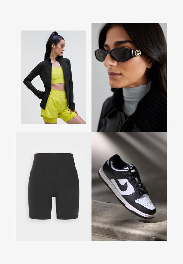 Must värvi tõmblukuga sportlik jakk, millel on keha vormiv disain, kantud erksa kollase lühikese toppi ja sobivate lühikesed pükste üle, kõik on tehtud siledast ja venivast kangast.; Mustamata avatud õlgadega lühike topp, millel on sügav V-kaelus, valmistatud siledast, venivast kangast. Omab puhtaid ääriseid ja puuduvad nähtavad mustrid või aksessuaarid.; Korkeastiistuvad mustad sportlikud lühikesed püksid, mis on valmistatud venivast kangast, omavad siledat tekstuuri, lühikest pikkust ja tugevaid õmbluse üksikasju.; Mustvalge Nike Dunk Low tossud nahast ülaservaga, perforatsioonidega varbakoht ja mustad kengid, valge tallaga ja logo aktsentidega.; Mustad musternuga prillid, millel on ansamblil süsimust ristkülikukujuline raam ja külgedel kuldne logo. Tumeda objektiiviga ja läikiv viimistlus on silmatorkavad.