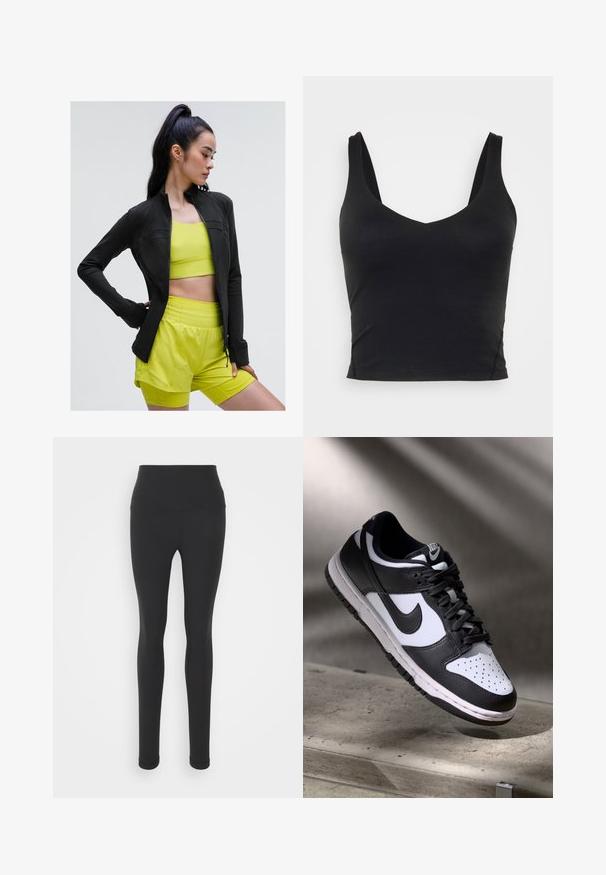 Jachetă sport neagră cu fermoar, cu un design ajustat, purtată peste un top scurt galben strălucitor și pantaloni scurți asortați, toate realizate dintr-un material neted și elastic.; Crop top negru fără mâneci, cu un decolteu adânc în V, realizat dintr-un material neted și elastic. Are un tiv curat și fără modele sau accente vizibile.; Leggings negre cu talie înaltă, dintr-un material elastic, având o suprafață netedă și un design pe toată lungimea cu o siluetă ajustată.; Pantofii Nike Dunk Low în alb și negru, cu partea superioară din piele, cutie a degetelor perforată și șireturi negre, având o talpă albă și accente cu logo.