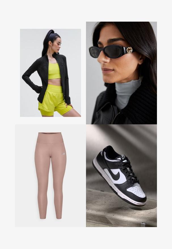 Čierna športová bunda na zips s priliehavým strihom, nosená cez jasne žlté skrátené tričko a zodpovedajúce kraťasy, všetko vyrobené z hladkej, pružnej látky.; Čierny bezramienkový crop top s hlbokým V-výstrihom, vyrobený z hladkej a elastickej látky. Obsahuje čistý lem a žiadne viditeľné vzory ani akcenty.; New Balance HARMONY HIGH RISE - Legíny - earth shadow; Čierno-biele tenisky Nike Dunk Low s koženým zvrškom, perforovanou špičkou a čiernymi šnúrkami, so bielou podrážkou a logovými akcentmi.; Čierne slnečné okuliare s elegantným obdĺžnikovým rámom a zlatým logom na boku. Tmavé šošovky a lesklý povrch sú výrazné.