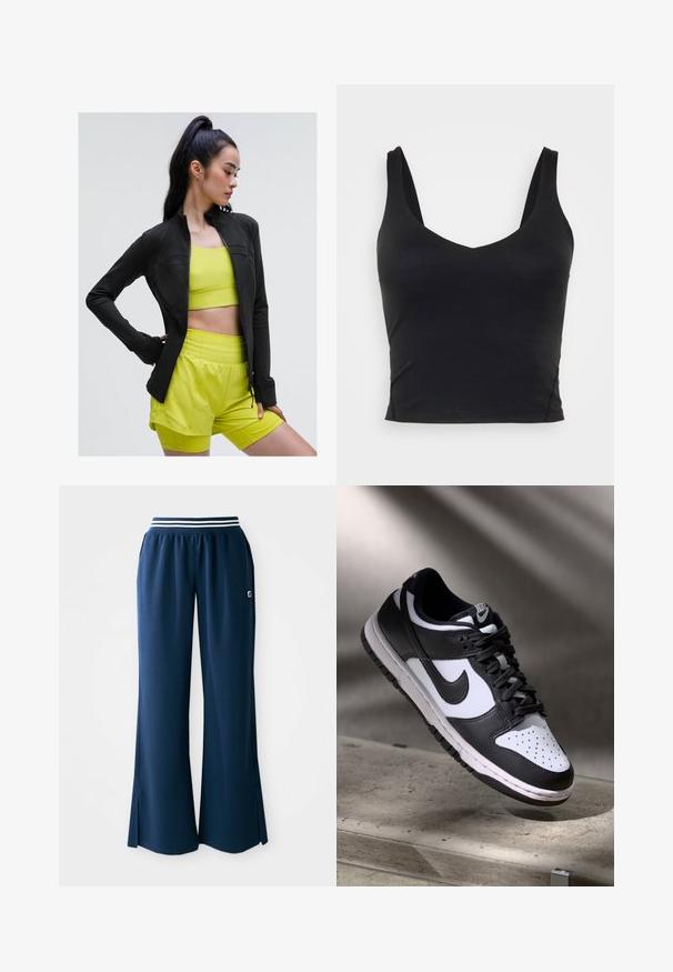 Črna zip-up atletika jakna s prilegajočim dizajnom, nosena čez svetlo rumeno kratko majico in ustrezne kratke hlače, vse narejeno iz gladkega, elastičnega materiala.; Črn brezrokavnik s kratkim krojem in globokim V-izrezom, izdelan iz gladke, elastične tkanine. Ima čist rob brez vidnih vzorcev ali okraskov.; Temno modri atletski hlače s širokimi nogami, elastičnim pasom, ki ima belo črto, in stranskimi razporki za večjo gibljivost. Logotip na žepu.; Črno-bel Nike Dunk Low čevelj z usnjenim zgornjim delom, perforiranim prstnim delom in črnimi vezalkami, z belim podplatom in logotipnimi detajli.