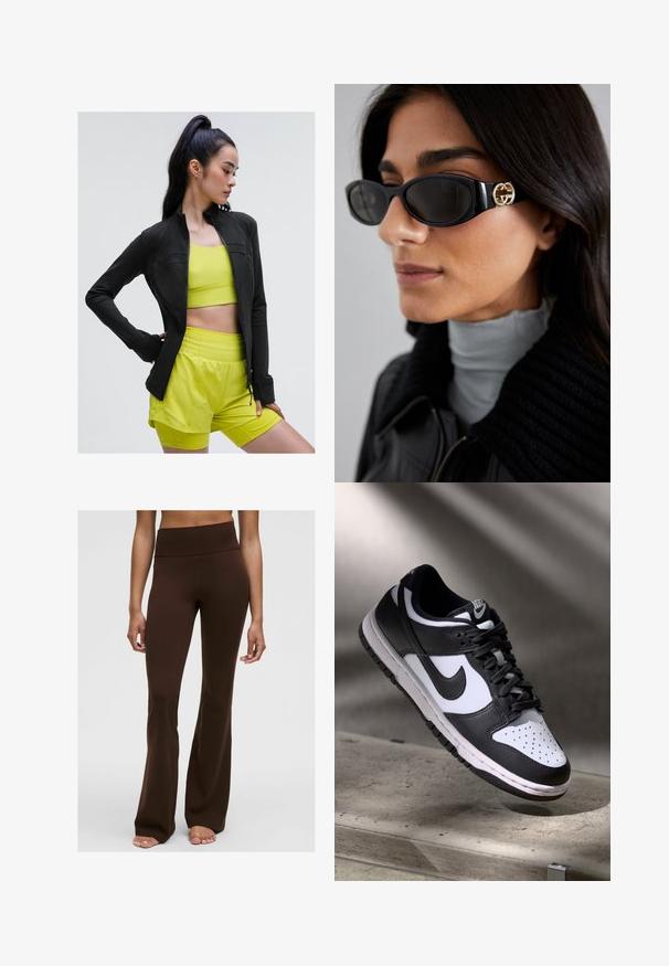 Sort zip-up træningsjakke med tætsiddende design, båret over en lys gul cropped top og matchende shorts, alle lavet af glat, strækbart stof.; Sort ærmeløs crop top med dyb V-udskæring, lavet af glat, strækbart stof. Har en ren kant og ingen synlige mønstre eller detaljer.; Brune flagrende bukser lavet af strækbart stof, med høj talje og glat tekstur, samt et tætsiddende oberste del og flagrende bendesign.; Sorthvid Nike Dunk Low sneakers med læderoverdel, perforeret tåboks og sorte snørebånd, udstyret med en hvid sål og logo accenter.; Sorte solbriller med en strømlinet rektangulær ramme og en guld logoaccent på siden. Mørke linser og blank overflade er fremtrædende.