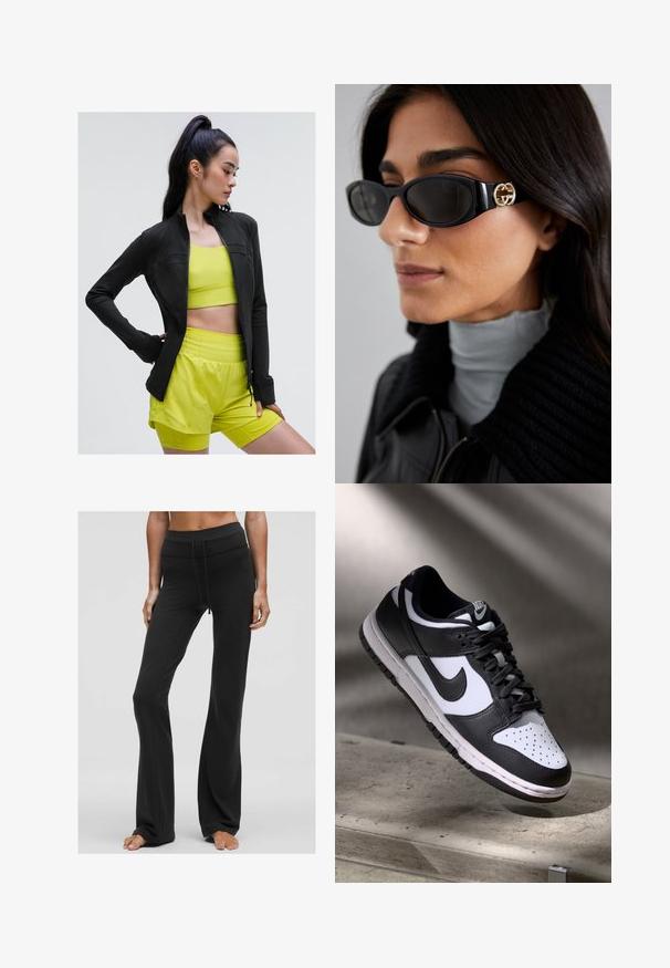 Fekete zipzáras sportdzseki, amely illeszkedő fazonú, élénk sárga cropped top és hozzáillő sort felett viselve, mind sima, rugalmas anyagból készült.; Fekete ujjatlan cropped top, mély V-nyakkivágással, sima, rugalmas anyagból készült. Tiszta szegéllyel rendelkezik, és nincsenek rajta látható minták vagy díszítések.; Fekete, széles szárú nadrág sima, rugalmas anyagból. Széles derékpánttal rendelkezik, amely állítható zsinórral készült, és deréktól térdig szűkített fazonú.; Fekete-fehér Nike Dunk Low sneaker, bőr felsőrésszel, perforált orral és fekete fűzőkkel, fehér talppal és logó kiegészítőkkel.; Fekete napszemüveg, sima, téglalap alakú kerettel, arany logóval az oldalon. Sötét lencsék és fényes felület jellemzi.
