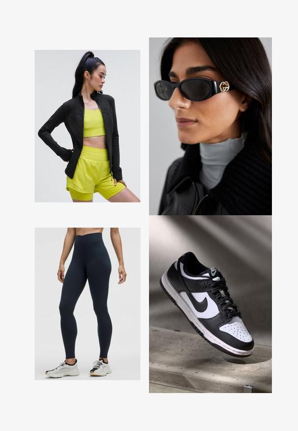 Černá sportovní bunda na zip s přiléhavým střihem, nošená přes jasně žlutý crop top a odpovídající šortky, vše vyrobené z hladké, elastické tkaniny.; Černý bezrukávový crop top s hlubokým výstřihem do V, vyrobený z hladkého, elastického materiálu. Má čistý lem a žádné viditelné vzory ani akcenty.; Vysoké námořnické legíny vyrobené z pružného materiálu, s hladkým povrchem a přiléhavým střihom. Nosič nosí bílé a černé sportovní boty.; Černobílé tenisky Nike Dunk Low s koženým svrškem, perforovanou špičkou a černými tkaničkami, s bílou podrážkou a akcenty loga.; Černé sluneční brýle s elegantním obdélníkovým rámem a zlatým logem na boční straně. Tmavé čočky a lesklý povrch jsou výrazné.