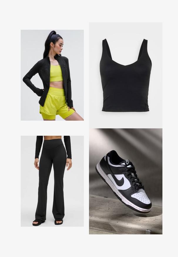 Črna zip-up atletika jakna s prilegajočim dizajnom, nosena čez svetlo rumeno kratko majico in ustrezne kratke hlače, vse narejeno iz gladkega, elastičnega materiala.; Črn brezrokavnik s kratkim krojem in globokim V-izrezom, izdelan iz gladke, elastične tkanine. Ima čist rob brez vidnih vzorcev ali okraskov.; Črne hlače s širokimi nogavicami iz elastičnega materiala z visokim pasom. Gladka tekstura, minimalno šivanje, oblečene s črnimi spuščenimi sandalnimi čevlji.; Črno-bel Nike Dunk Low čevelj z usnjenim zgornjim delom, perforiranim prstnim delom in črnimi vezalkami, z belim podplatom in logotipnimi detajli.