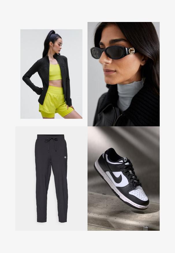 Melnā atlētiskā jaka ar rāvējslēdzēju, pieguļošā dizainā, uzvilkta virs spilgti dzeltena kroptapa un saskaņotiem šortiem, viss izgatavots no gludas, elastīgas auduma.; Melna bez piedurknēm korta blūze ar dziļu V veida kakla izgriezumu, izgatavota no gludas, elastīgas auduma. Iezīmēta ar tīru apdari un bez redzamām rakstām vai akcentiem.; Melnas sporta bikses, izgatavotas no viegla materiāla, ar elastīgu jostu un regulējamu auklu. Uz sāniem ir neliels logo.; Melnbaltas Nike Dunk Low sporta apavi ar ādas augšdaļu, caurdurta pirkstu kaste un melnām šņorēm, ar baltu zoli un logo akcentiem.; Melni saulesbrilles ar gludu taisnstūra formu un zelta logo akcentu uz sāna. Tumši objektīvi un spīdīga apdare ir izceltas.