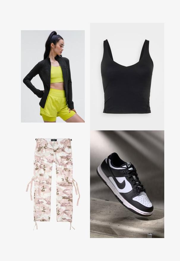 Czarna sportowa kurtka zapinana na zamek o dopasowanym kroju, noszona na jasną żółtą bluzkę z krótkim rękawem i dopasowane szorty, wszystko wykonane z gładkiego, elastycznego materiału.; Czarna bezrękawnikowa bluzka crop top z głębokim dekoltem w kształcie litery V, wykonana z gładkiego, elastycznego materiału. Posiada czyste wykończenie i brak widocznych wzorów czy akcentów.; Spodnie cargo w kamuflażu w odcieniach różu i beżu, wykonane z materiału bawełnianego, z wieloma kieszeniami i troczkami na mankietach.; Czarno-białe sneakersy Nike Dunk Low z cholewką skórzaną, perforowanym noskiem i czarnymi sznurowadłami, z białą podeszwą i akcentami logo.