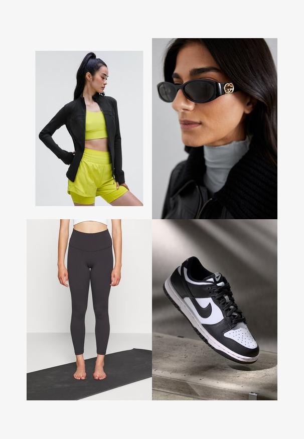 Czarna sportowa kurtka zapinana na zamek o dopasowanym kroju, noszona na jasną żółtą bluzkę z krótkim rękawem i dopasowane szorty, wszystko wykonane z gładkiego, elastycznego materiału.; Czarna bezrękawnikowa bluzka crop top z głębokim dekoltem w kształcie litery V, wykonana z gładkiego, elastycznego materiału. Posiada czyste wykończenie i brak widocznych wzorów czy akcentów.; Czarne legginsy z wysokim stanem wykonane z gładkiego, elastycznego materiału, o dopasowanej sylwetce, kończące się na kostce. Połącz z krótkim topem na macie do jogi.; Czarno-białe sneakersy Nike Dunk Low z cholewką skórzaną, perforowanym noskiem i czarnymi sznurowadłami, z białą podeszwą i akcentami logo.; Czarne okulary przeciwsłoneczne o eleganckim, prostokątnym kształcie z logo w kolorze złotym na boku. Ciemne soczewki i błyszczące wykończenie są wyraźnie widoczne.