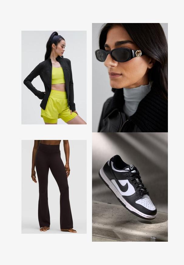 Sort zip-up træningsjakke med tætsiddende design, båret over en lys gul cropped top og matchende shorts, alle lavet af glat, strækbart stof.; Sort ærmeløs crop top med dyb V-udskæring, lavet af glat, strækbart stof. Har en ren kant og ingen synlige mønstre eller detaljer.; Sorte flagrende yogabukser med høj talje, lavet af strækbart materiale, der tilbyder en glat tekstur og en tætsiddende silhuet.; Sorthvid Nike Dunk Low sneakers med læderoverdel, perforeret tåboks og sorte snørebånd, udstyret med en hvid sål og logo accenter.; Sorte solbriller med en strømlinet rektangulær ramme og en guld logoaccent på siden. Mørke linser og blank overflade er fremtrædende.