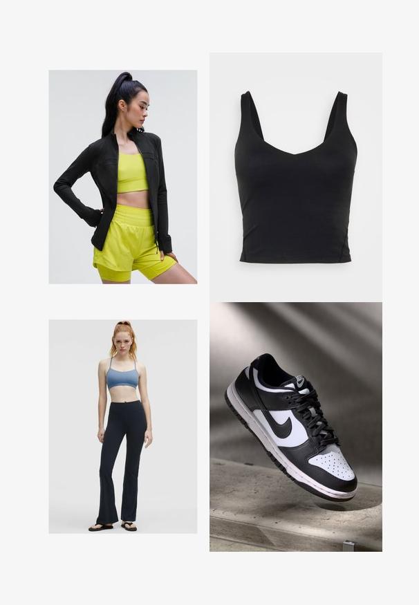 Schwarze, zipfelige Sportjacke mit figurbetontem Design, getragen über einem hellgelben, kurz geschnittenen Top und passenden Shorts, alles aus glattem, dehnbarem Material.; Schwarzes ärmelloses Crop-Top mit tiefem V-Ausschnitt, aus glattem, elastischem Stoff gefertigt. Verfügt über einen sauberen Saum und keine sichtbaren Muster oder Akzente.; Helles blaues Sport-BH mit dünnen Trägern, kombiniert mit schwarzen, ausgestellten Leggings. Der Stoff wirkt dehnbar und glatt, eignet sich gut für sportliche Aktivitäten.; Schwarz-weißer Nike Dunk Low Sneaker mit Lederobermaterial, perforiertem Zehenbereich und schwarzen Schnürsenkeln, ausgestattet mit einer weißen Sohle und Logo-Akzenten.