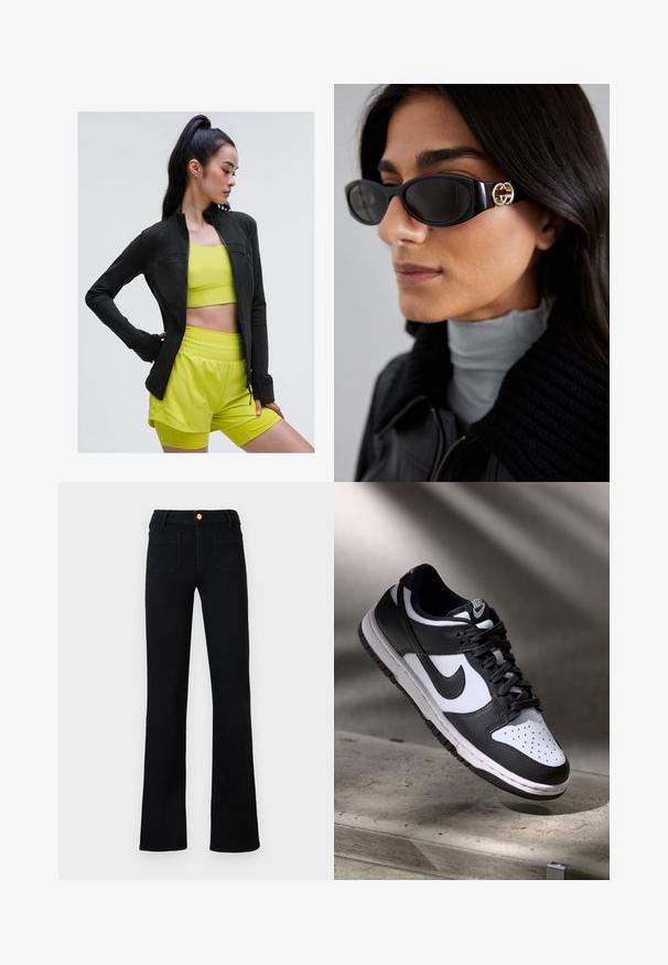 Giacca sportiva nera con zip, dal design aderente, indossata sopra un top corto giallo brillante e pantaloni coordinati, tutti realizzati in tessuto liscio e elastico.; Top corto senza maniche nero con scollatura a V profonda, realizzato in tessuto liscio ed elastico. Presenta un orlo pulito e nessun motivo o dettaglio visibile.; Jeans neri a vita alta con gamba dritta, dotati di tasche anteriori a toppa e chiusura a bottone di rame su uno sfondo neutro.; Sneaker Nike Dunk Low in bianco e nero con tomaia in pelle, punta perforata e lacci neri, caratterizzata da una suola bianca e dettagli del logo.; Occhiali da sole neri con una montatura rettangolare elegante e un accento del logo dorato sul lato. Le lenti scure e la finitura lucida sono evidenti.
