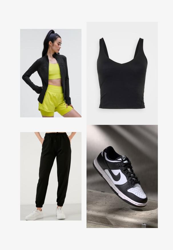 Schwarze, zipfelige Sportjacke mit figurbetontem Design, getragen über einem hellgelben, kurz geschnittenen Top und passenden Shorts, alles aus glattem, dehnbarem Material.; Schwarzes ärmelloses Crop-Top mit tiefem V-Ausschnitt, aus glattem, elastischem Stoff gefertigt. Verfügt über einen sauberen Saum und keine sichtbaren Muster oder Akzente.; Schwarze Jogginghosen aus weichem Baumwollmix, ausgestattet mit einem elastischen Bund, Seitentaschen und schmal zulaufenden Knöcheln. Kombiniert mit weißen Sneakers.; Schwarz-weißer Nike Dunk Low Sneaker mit Lederobermaterial, perforiertem Zehenbereich und schwarzen Schnürsenkeln, ausgestattet mit einer weißen Sohle und Logo-Akzenten.