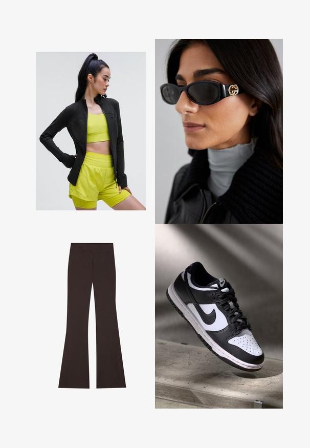 Crna sportska jakna s patentnim zatvaračem u prilagođenom dizajnu, nosi se preko svijetlo žute kratke majice i odgovarajućih kratkih hlača, sve od glatkog, rastezljivog materijala.; Crna bez rukava uska majica s dubokim V-izrezom, izrađena od glatkog, rastezljivog materijala. Ima čist rub i bez vidljivih uzoraka ili dodataka.; Smeđe široke hlače s visokim pojasom, izrađene od rastezljivog materijala. Sadrže bočne proreze na rubu i šavove s ravnim šivanjem.; Crno-bijeli Nike Dunk Low tenisice s kožnim gornjištem, perforiranim prednjim dijelom, crnim vezicama, s bijelim đonom i logom.; Crne sunčane naočale sa elegantnim pravokutnim okvirom i zlatnim logotipom na strani. Tamna stakla i sjajni finiš su istaknuti.