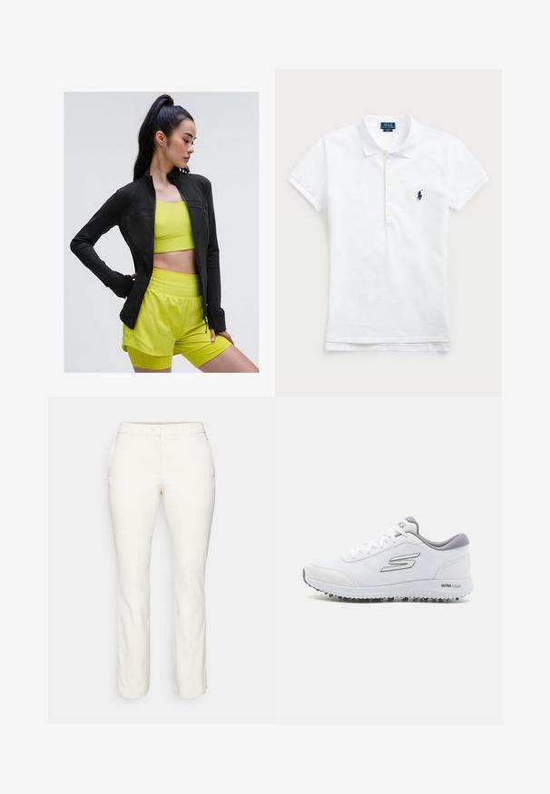 Svart zip-up träningjacka med tajt passform, bärs över en ljusgul kort topp och matchande shorts, allt i ett slätt, töjbart tyg.; Vit bomullspolo med klassisk krage, korta ärmar och en marinblå broderad logotyp på vänster bröst. Femknapps-knäppning.; Vita skräddarsydda byxor med rak bendesign, rena linjer och sidslitsar vid fållen. Tillverkade av ett mjukt, lätt tyg.; Vita idrottsskor med en strukturerad mesh-ovandel, silverdetaljer och en lätt sula med små greppknoppar, märkta "ULTRA FLIGHT."