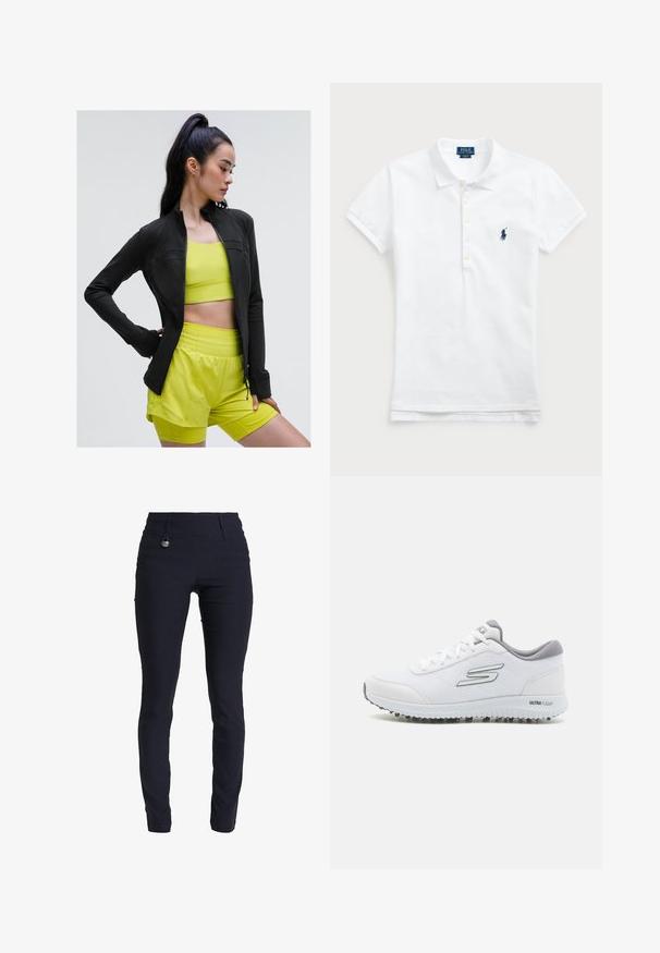 Juodas savim aptrauktas sportinis džemperis su prigludusia forma, vilkimas virš ryškiai geltono trumpam pasmegimo marškinėlio ir derančių šortų, visi pagaminti iš glotnaus, tamprios medžiagos.; Balta medvilninė polo marškinėliai su klasikiniu apykaklės dizainu, trumpomis rankovėmis ir tamsiai mėlynu siuvinėtu logotipu kairėje krūtinės pusėje. Penkių mygtukų užtrauktukas.; Tamsiai mėlynos tamprės su lieknu siluetu, turinčios plokščią priekį, dirželio kilpas, užpakalines kišenes ir vieną mygtuko užsegimą ties liemeniu.; Balti sportiniai batai su tekstūruotu tinkliniu viršumi, sidabriniais akcentais ir lengvu padu, kuriame yra mažų sukibimo kaiščių, paženklinti "ULTRA FLIGHT."