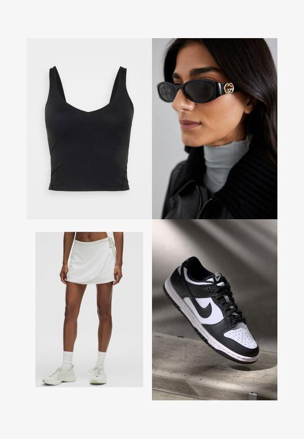 Črna zip-up atletika jakna s prilegajočim dizajnom, nosena čez svetlo rumeno kratko majico in ustrezne kratke hlače, vse narejeno iz gladkega, elastičnega materiala.; Črn brezrokavnik s kratkim krojem in globokim V-izrezom, izdelan iz gladke, elastične tkanine. Ima čist rob brez vidnih vzorcev ali okraskov.; Bela atletska krila s preklopnim dizajnom, izdelana iz gladkega blaga. Ima zavezovanje na strani in je kombinirana s svetlimi športnimi copati in nogavicami.; Črno-bel Nike Dunk Low čevelj z usnjenim zgornjim delom, perforiranim prstnim delom in črnimi vezalkami, z belim podplatom in logotipnimi detajli.; Črne sončne očala z elegantnim pravokotnim okvirjem in zlatim logotipom na strani. Temna stekla in sijajna površina sta izrazita.