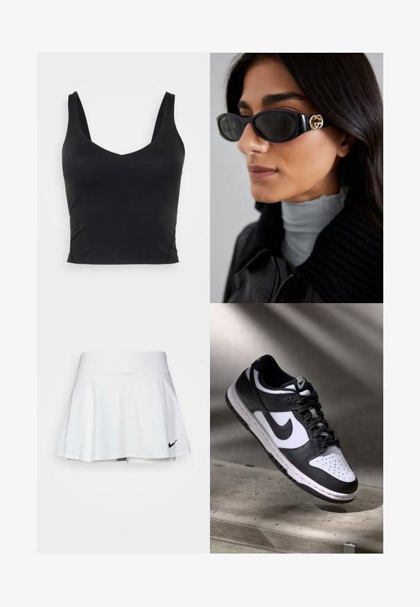 Schwarze, zipfelige Sportjacke mit figurbetontem Design, getragen über einem hellgelben, kurz geschnittenen Top und passenden Shorts, alles aus glattem, dehnbarem Material.; Schwarzes ärmelloses Crop-Top mit tiefem V-Ausschnitt, aus glattem, elastischem Stoff gefertigt. Verfügt über einen sauberen Saum und keine sichtbaren Muster oder Akzente.; Weißer Sportrock mit einem auslaufenden Design, elastischem Bund und integrierten Shorts. Besitzt ein kleines schwarzes Nike-Logo unten rechts.; Schwarz-weißer Nike Dunk Low Sneaker mit Lederobermaterial, perforiertem Zehenbereich und schwarzen Schnürsenkeln, ausgestattet mit einer weißen Sohle und Logo-Akzenten.; Schwarze Sonnenbrille mit einem schlanken rechteckigen Rahmen und einem goldenen Logo-Akzent an der Seite. Dunkle Gläser und glänzende Oberfläche sind auffällig.