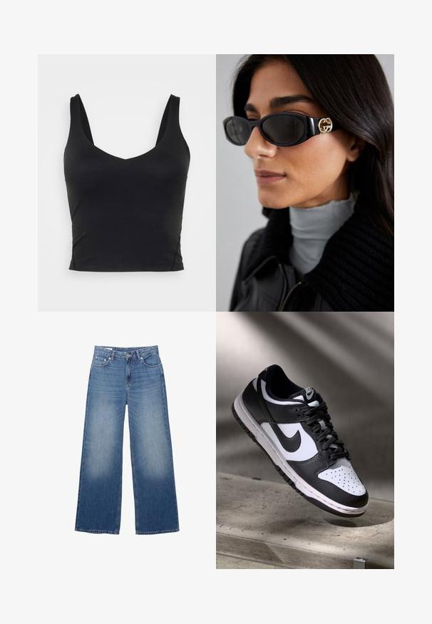 Musta vetoketjullinen urheilu takki tiiviillä muotoilulla, käytetty kirkkaan keltaisen lyhyen topin ja vastaavien shortsien päällä, kaikki valmistettu sileästä, joustavasta kankaasta.; Musta hihaton crop-top syvällä V-kaula-aukolla, valmistettu sileästä ja joustavasta kankaasta. Siinä on siisti helma eikä näkyviä kuvioita tai koristeita.; Valkoiset, vaaleansiniset farkut, joissa on leveät lahkeet ja haalistunut ilme. Viisi taskua ja nappikiinnitys vyötäröllä. Puuvillamateriaali, suora leikkaus.; Musta-valkoinen Nike Dunk Low -lenkkari, jossa on nahkainen yläosa, rei'itetty varvasosa ja mustat nauhat. Kenkässä on valkoinen pohja ja logovärityksiä.; Mustat aurinkolasit, joissa on tyylikäs suorakulmainen kehys ja kultainen logo-akkentti sivussa. Tumma linssit ja kiiltävä pinta ovat huomattavissa.