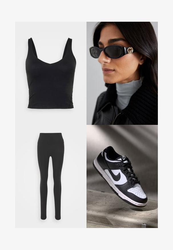 Black zip-up athletic jacket with fitted design, worn over a bright yellow cropped top and matching shorts, all made from smooth, stretchy fabric.; Black sleeveless crop top with a deep V-neckline, made of smooth, stretchy fabric. Features a clean hem and no visible patterns or accents.; Black leggings with a high waistband, made from smooth, stretchy material. Features a fitted design and full-length legs.; Black and white Nike Dunk Low sneaker with leather upper, perforated toe box, and black laces, featuring a white sole and logo accents.; Black sunglasses featuring a sleek rectangular frame with a gold logo accent on the side. Dark lenses and glossy finish are prominent.