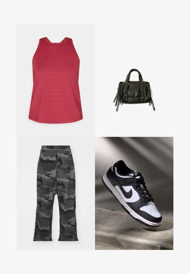 Svart zip-up träningjacka med tajt passform, bärs över en ljusgul kort topp och matchande shorts, allt i ett slätt, töjbart tyg.; Röd ärmlös träningslinne med hög krage och meshnätpaneler på axlarna, designad för kvinnor.; Kamouflagebyxor i svart och grått, med elastisk midja, avslappnad passform och små slitsar i botten av benen.; Svart och vit Nike Dunk Low sneaker med ovandel i läder, perforerad tånbox och svarta snören, med en vit sula och logotypdetaljer.; Svart läderhandväska med flätade handtag, dragkedjefack och hängande pom poms. Texturerad yta med metallnitar och hårdvaruaccenter.