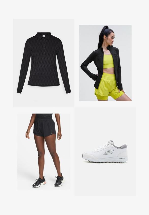 Jachetă sport neagră cu fermoar, cu un design ajustat, purtată peste un top scurt galben strălucitor și pantaloni scurți asortați, toate realizate dintr-un material neted și elastic.; Tricou polo negru cu mânecă lungă, cu un model texturat în formă de diamant, cu închidere cu butoane și guler, având un hem drept.; Pantaloni scurți atletici negri cu talie ajustată și fante laterale, confecționați din material ușor, asortați cu pantofi de alergare negri cu un swoosh alb.; Încălțăminte sportivă albă cu un upper din plasă texturată, accente argintii și o talpă ușoară cu mici piste de aderare, etichetată "ULTRA FLIGHT."