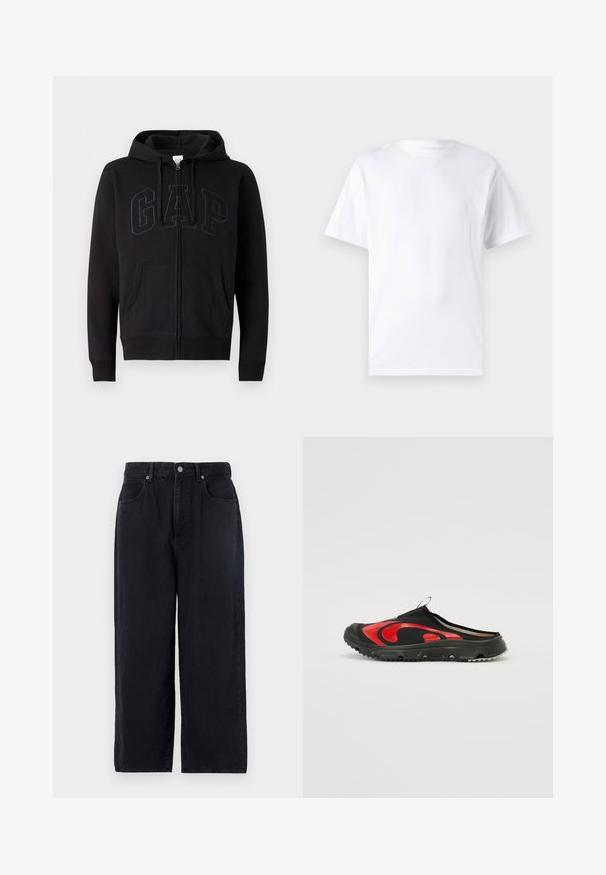 Zwarte rits hoodie van een katoenmix. Voorzien van een kangoeroezak, een capuchon met trekkoord en een groot GAP-logo op de voorkant in donkergrijs.; Witte T-shirt met korte mouwen, gemaakt van katoen, met een ronde hals. Het heeft een gladde textuur en een eenvoudig ontwerp zonder patronen of accenten.; Zwarte denim broek met een rechte pasvorm, voorzien van vijf zakken, een knoopsluiting en een nette afwerking. Duurzame stof met een matte textuur.; Zwarte instapschoen met een gedurfde rode gebogen patroon, gestructureerd bovenmateriaal en een dikke, gripvaste rubberen zool met een goede grip.