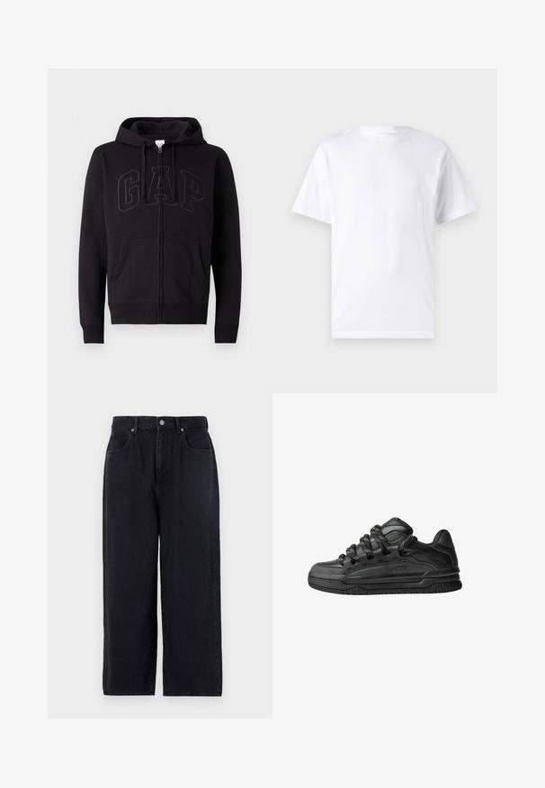 Črna zip-up kapuca iz bombažne mešanice. Ima kenguru žep, kapuco s vrvico in velik GAP logotip na sprednji strani v temno sivi barvi.; Bela majica s kratkimi rokavi iz bombaža z okroglim izrezom, ki ima gladko teksturo in preprost dizajn brez vzorcev ali poudarkov.; Črne denim hlače s ravnim krojem, ki vključujejo pet žepov, zapiranje na gumb in brezhiben zaključek. Trajna tkanina z mat površino.; Črne superge z gladkim usnjenim zgornjim delom, teksturiranimi detajli in okroglimi črnimi ter belimi vezalkami. Debel gumijast podplat z vzorčastim profilom.