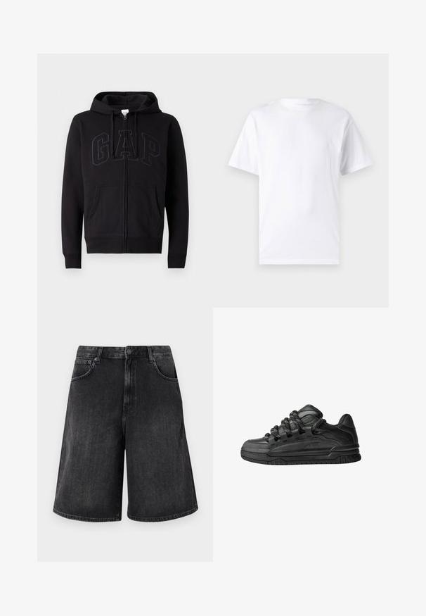 Crna zip-up dukserica napravljena od pamučne mješavine. Sadrži kengurussku džepu, kapuljaču sa vezicama i veliki GAP logo sprijeda u tamnosivoj boji.; Bijela kratka majica s kratkim rukavima od pamuka s okruglim izrezom, s glatkom teksturom i jednostavnim dizajnom bez uzoraka ili naglasaka.; Crne traperice kratke hlače s širokim pravim krojem, s prednjim zatvaranjem na dugme i pet džepova. Meki materijal s izblijedjelim završetkom.; Crne tenisice s glatkom kožnom gornjom površinom, teksturiranim detaljima i okruglim crnim i bijelim vezicama. Debeli gumeni potplat s uzorkom.