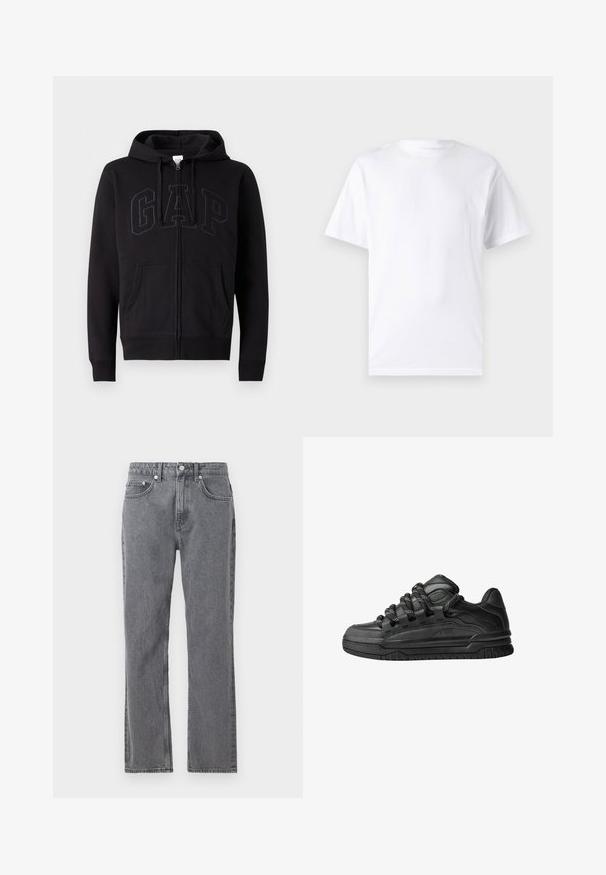 Hanorac negru cu fermoar, confecționat dintr-un amestec de bumbac. Dispune de un buzunar tip kangur, glugă cu șnur și un logo mare GAP pe față, de culoare gri închis.; Deshirt alb cu mâneci scurte, confectionat din bumbac, cu decolteu rotund, având o textură netedă și un design simplu, fără modele sau accente.; Jeans de denim gri cu un design drept, cinci buzunare și închidere cu buton. Prezintă decolorare subtilă și cusături în contrast.; Adidași negri cu o parte superioară din piele netedă, accente texturate și șireturi rotunde negre și albe. Talpă groasă din cauciuc cu un profil texturat.