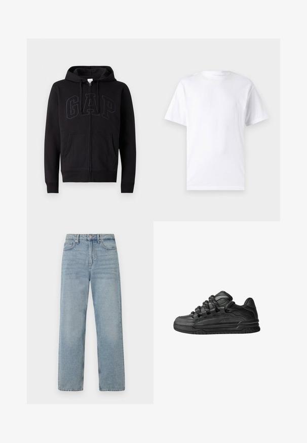 Fekete cipzáros kapucnis pulcsi, pamut keverékből készült. Jellemzői közé tartozik a kenguru zseb, a húzózsinóros kapucni és a sötétszürke, nagy GAP logó az elején.; Fehér, rövid ujjú póló, pamutból készült, kerek nyakkivágással, sima textúrával és egyszerű, minták vagy díszítések nélküli kivitelben.; Világoskék farmer nadrág magas derékkal, egyenes lábbal, öt zsebes kialakítással és finom kopással, ami elhasznált hatást kelt.; Fekete sportcipők sima bőrből készült felső résszel, struktúrált kiegészítőkkel, valamint kerek fekete és fehér fűzőkkel. Vastag gumitalp mintázott bordázattal.