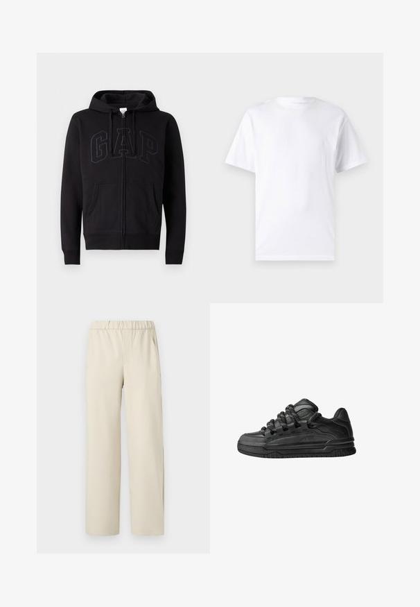 Fekete cipzáros kapucnis pulcsi, pamut keverékből készült. Jellemzői közé tartozik a kenguru zseb, a húzózsinóros kapucni és a sötétszürke, nagy GAP logó az elején.; Fehér, rövid ujjú póló, pamutból készült, kerek nyakkivágással, sima textúrával és egyszerű, minták vagy díszítések nélküli kivitelben.; Beige széles szárú nadrág, rugalmas derékpánttal, puha anyagból készült. Simaság jellemzi, és nincs rajta látható minta vagy fémalkatrész.; Fekete sportcipők sima bőrből készült felső résszel, struktúrált kiegészítőkkel, valamint kerek fekete és fehér fűzőkkel. Vastag gumitalp mintázott bordázattal.